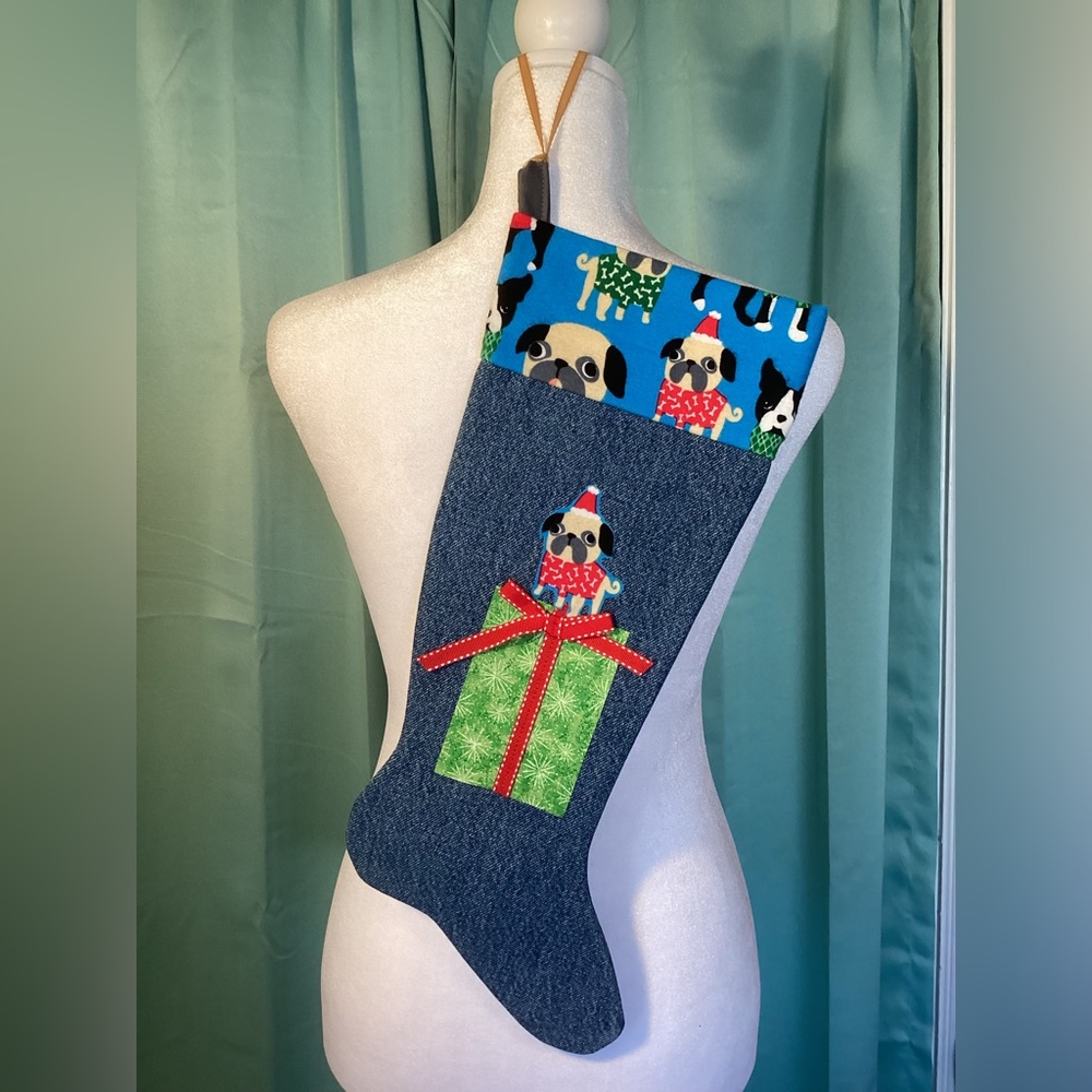 Hand Made Pug Denim Christmas Stocking OOAK